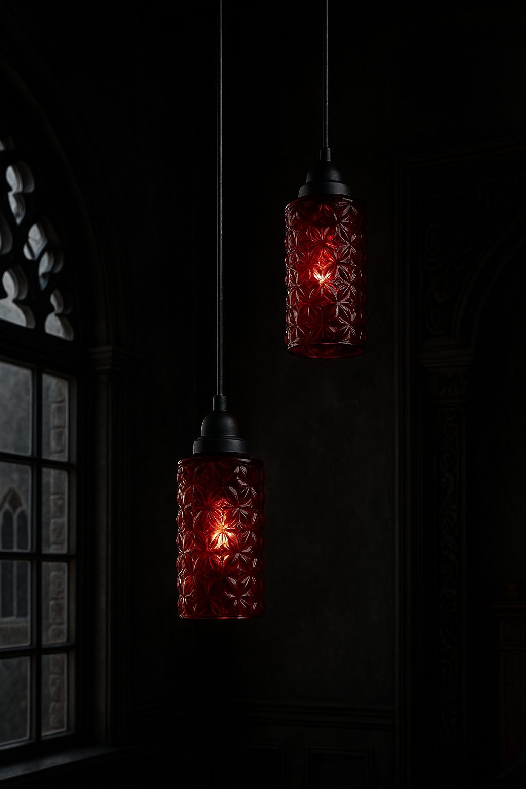 Crimson glass pendant lights cast a gothic glow over a moody, dark-accented space.